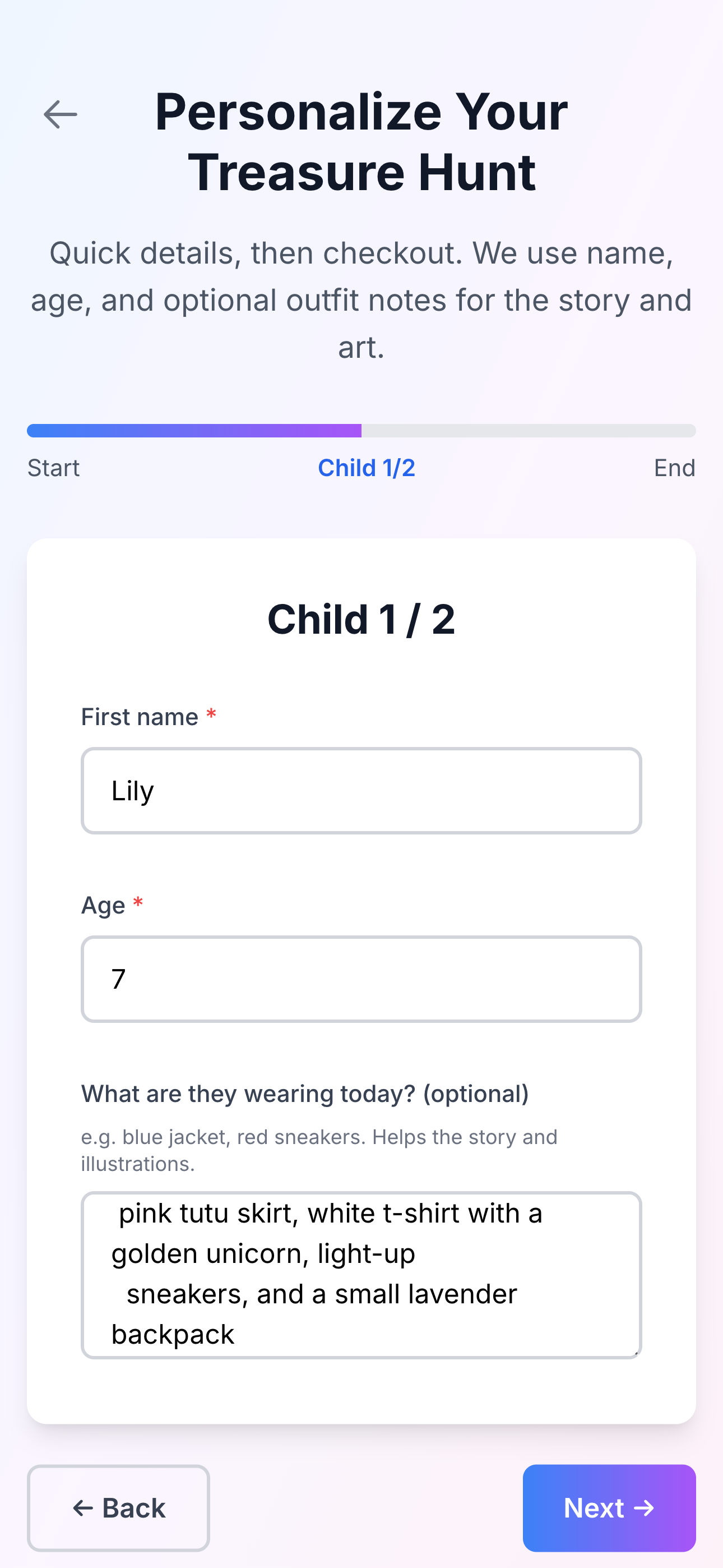 Treasure hunt personalization: child name, age, and outfit details