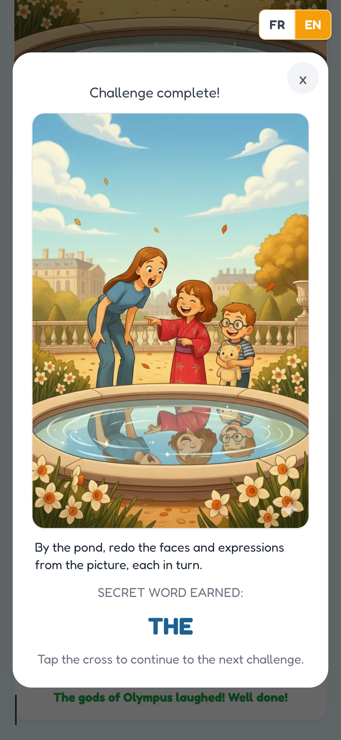 Tuileries quest demo: challenge complete modal with secret word earned