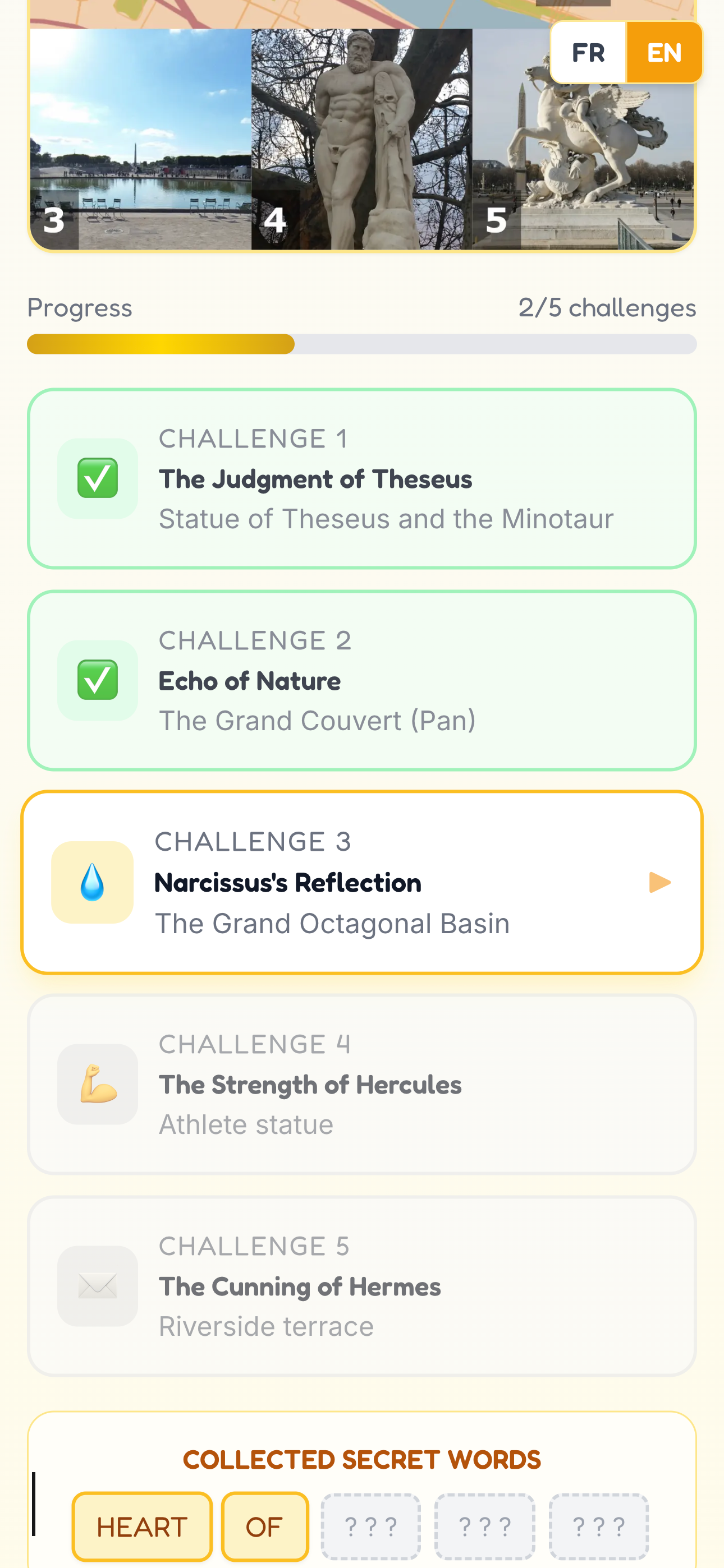 Tuileries quest demo: challenges list and collected secret words