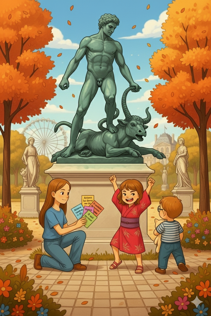 Illustrated quest moment: listening game on a garden path
