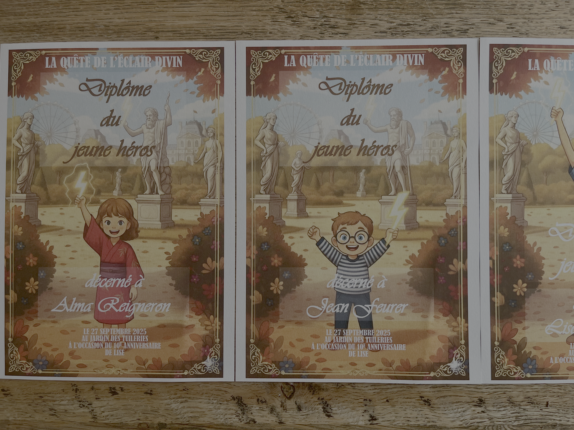 Sample hero diplomas from a personalized treasure hunt printout